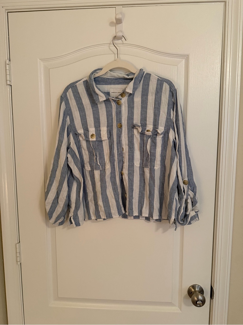 American Eagle Outfitters Blue and White Striped Button-Down Shirt